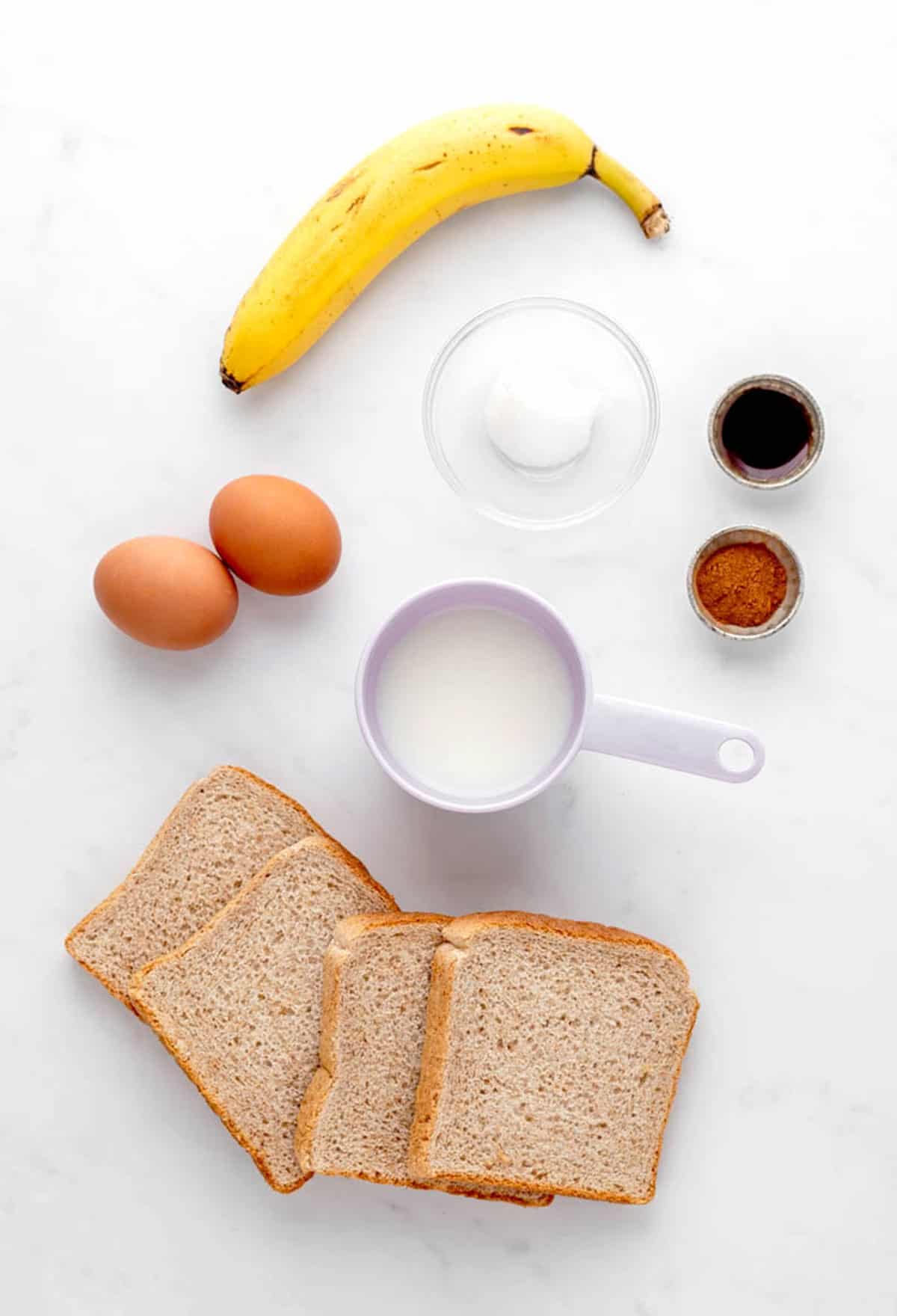 The ingredients required to make the banana French toast.