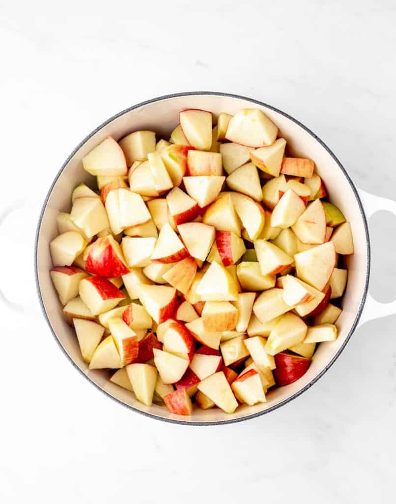 Chopped apples in a pot.
