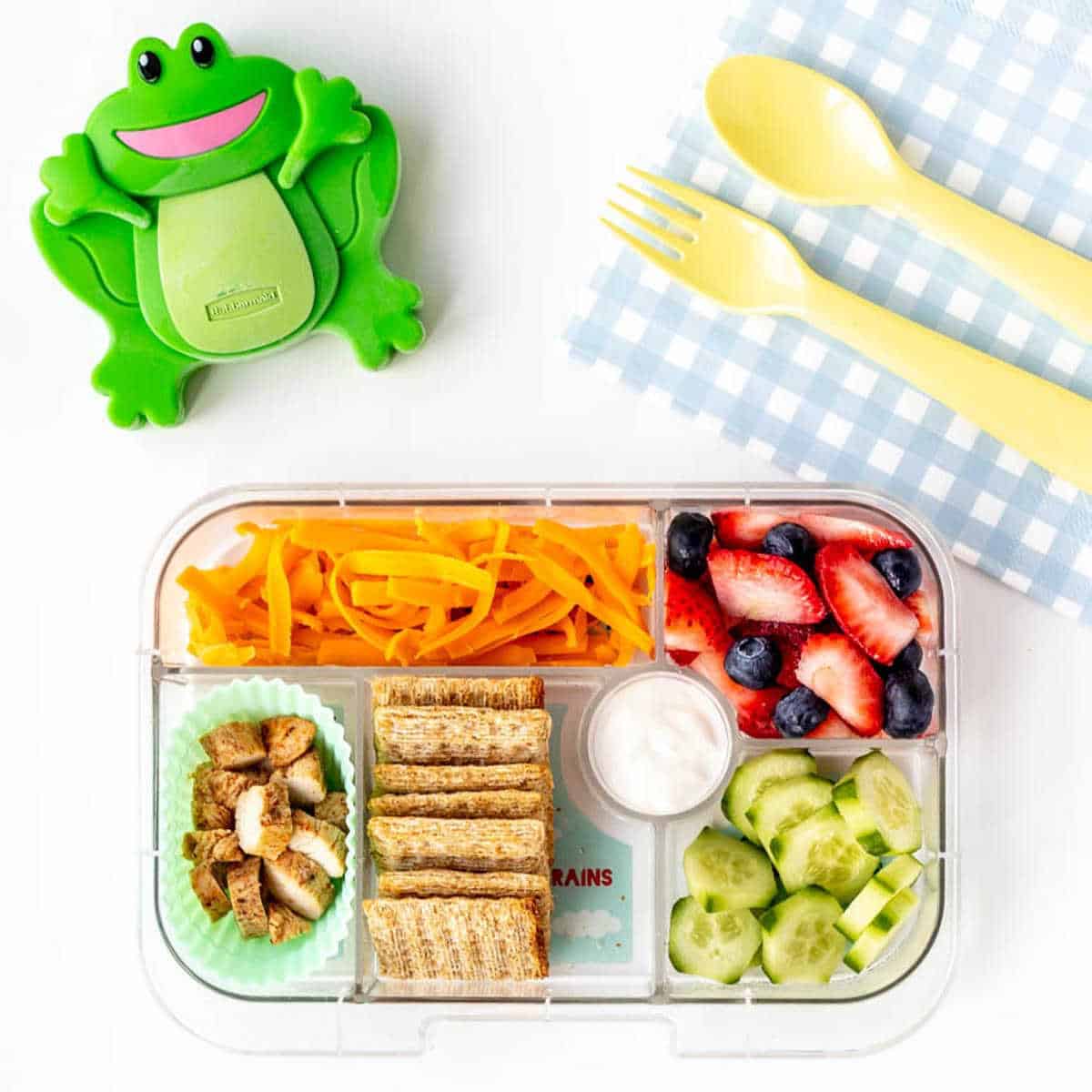 Packed lunch box with froggie ice pack.