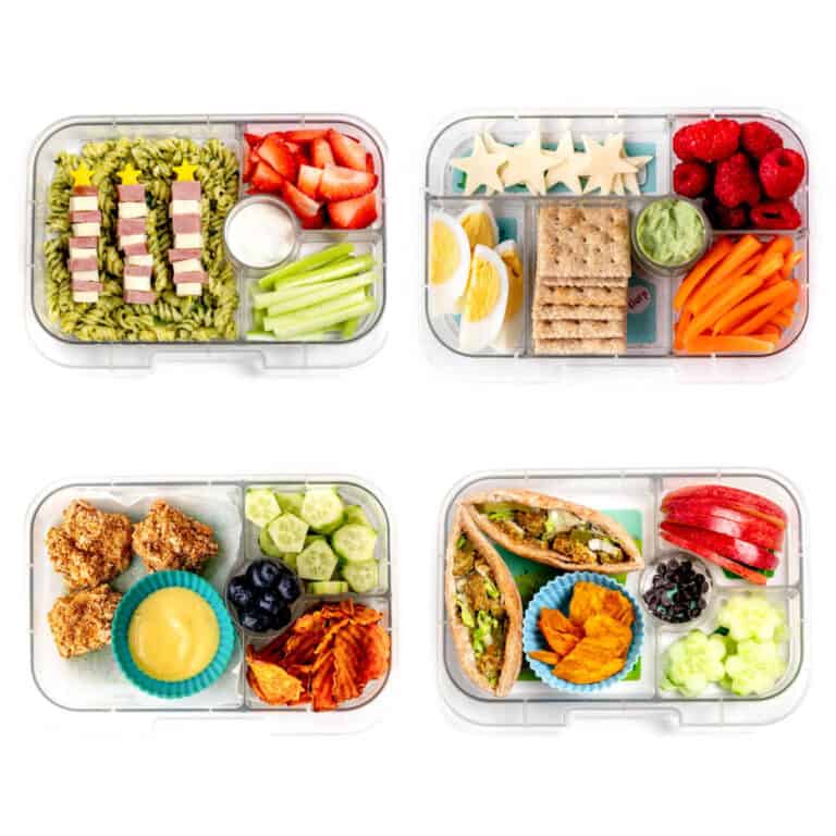 Four lunch boxes with cold lunch ideas for kids.