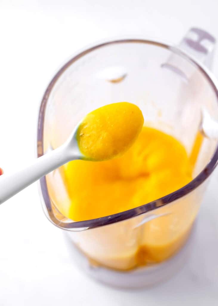 A spoon with mango puree over a blender.