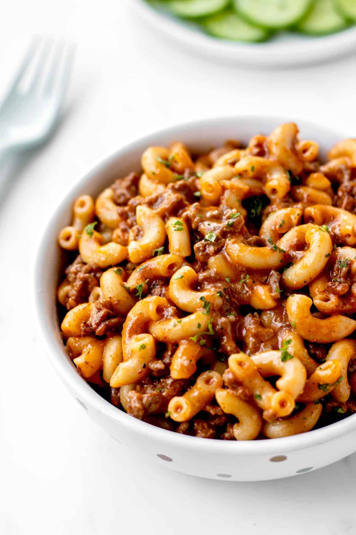 Homemade beef pasta hamburger helper in a bowl.