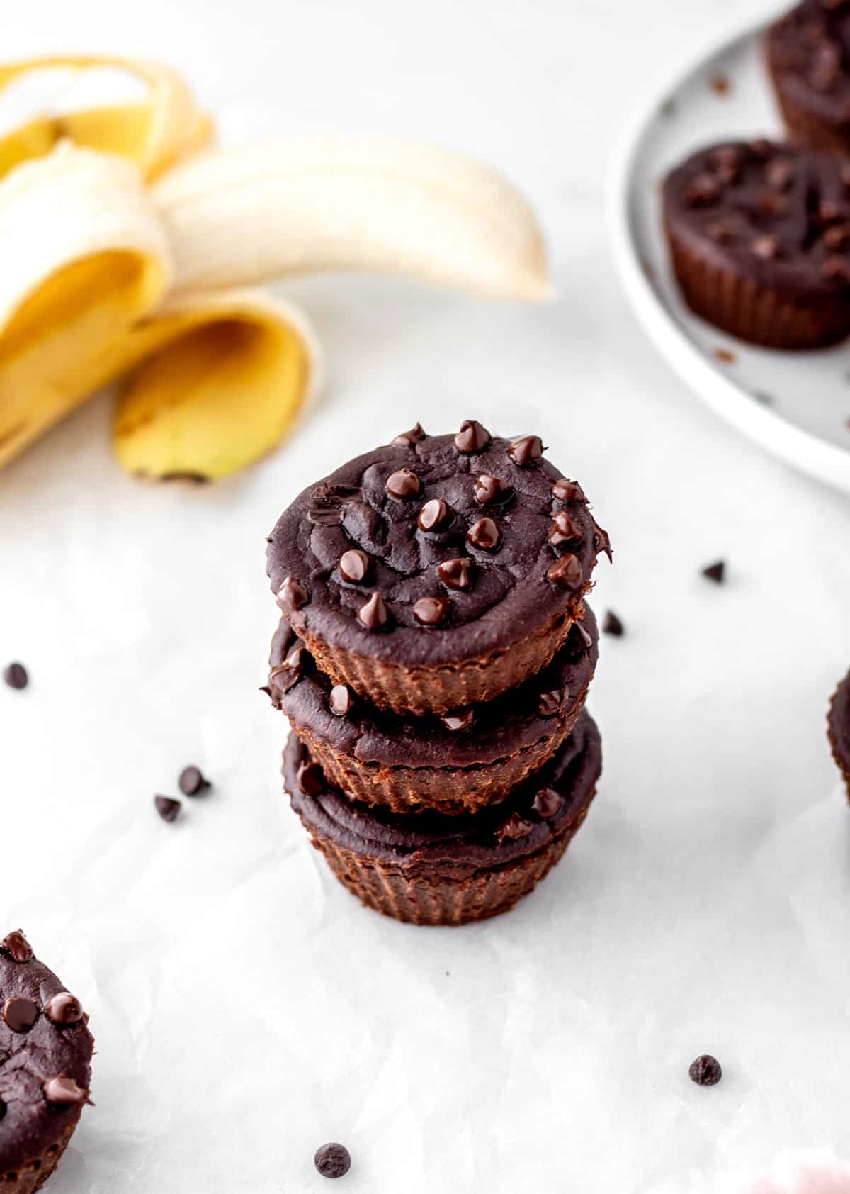 A stack of three peanut butter banana brownies.