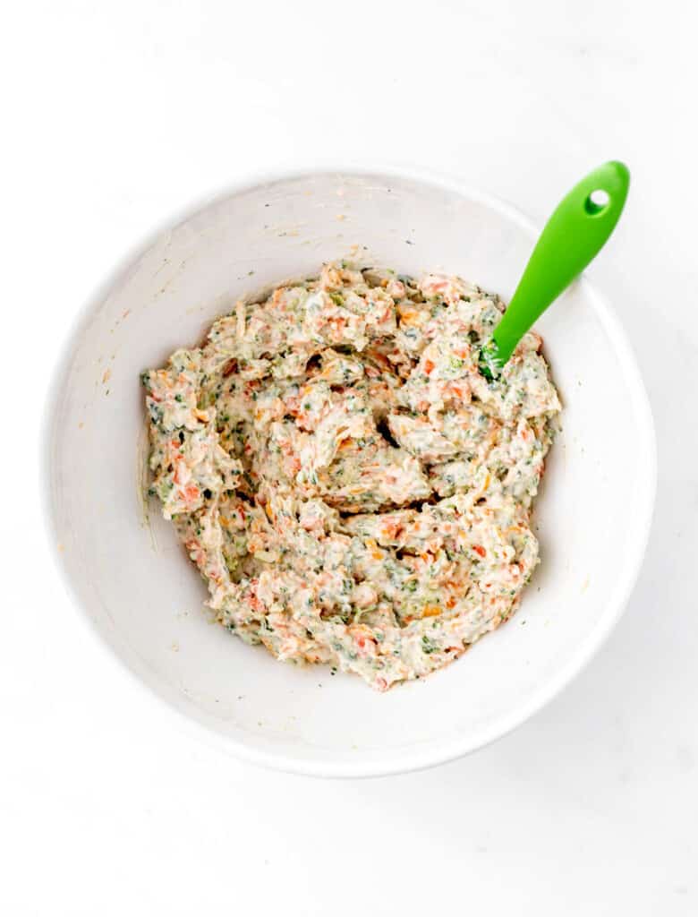 Cream cheese, Greek yogurt and veggie mixture in a bowl for veggie pinwheels with cream cheese.