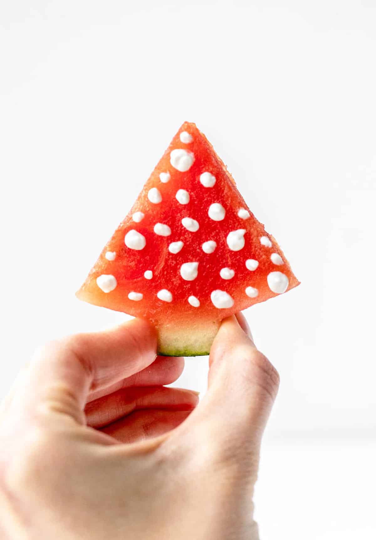 A hand holding up a watermelon Christmas tree with polka dots.