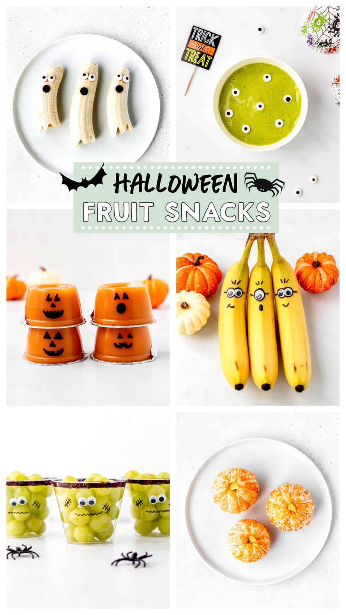 Six healthy fruit halloween snacks in a collage.