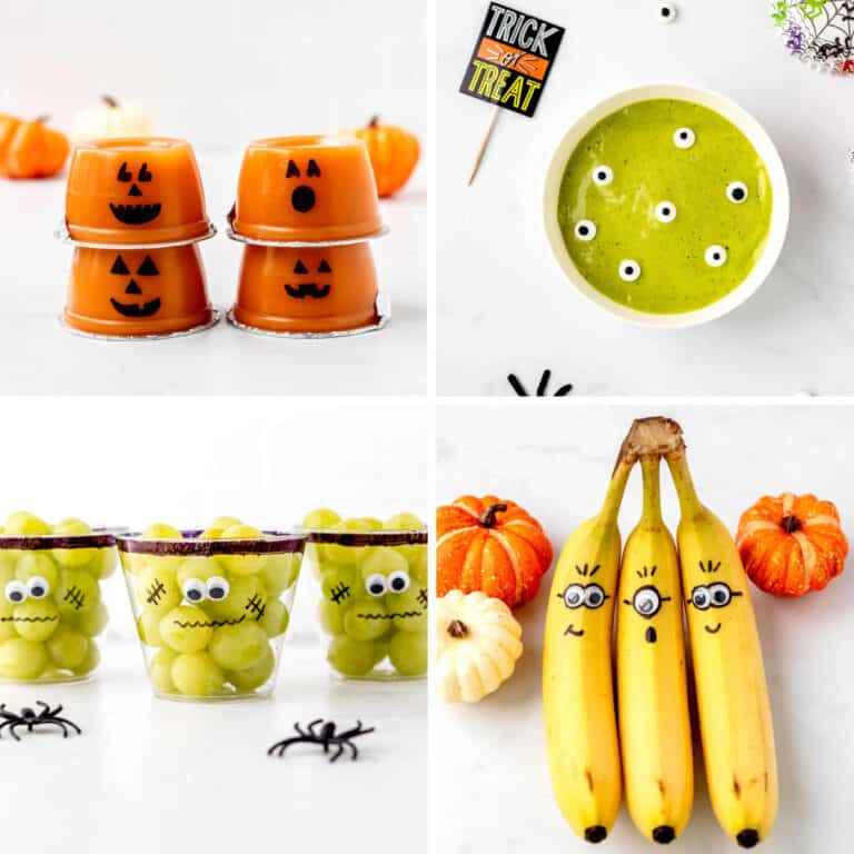 A collage with four healthy fruit halloween snacks.