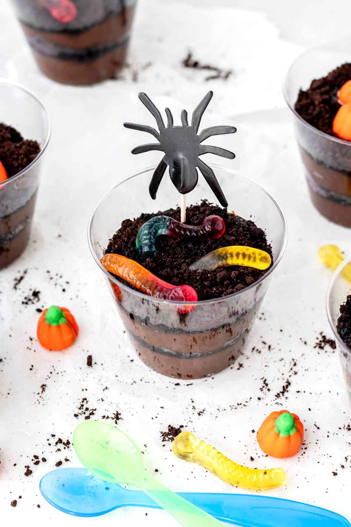 Halloween dirt cup with gummy worms.