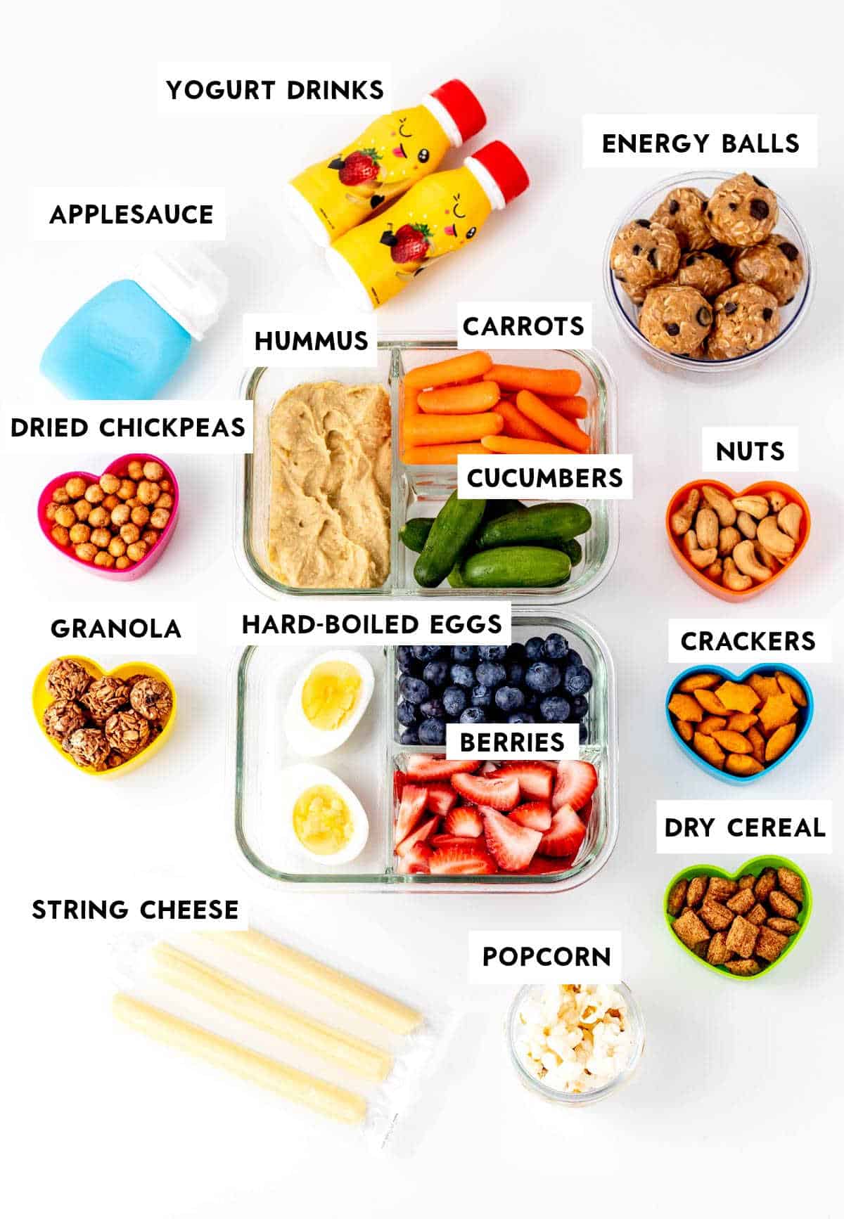 Easy road trip snacks on white background with labels.