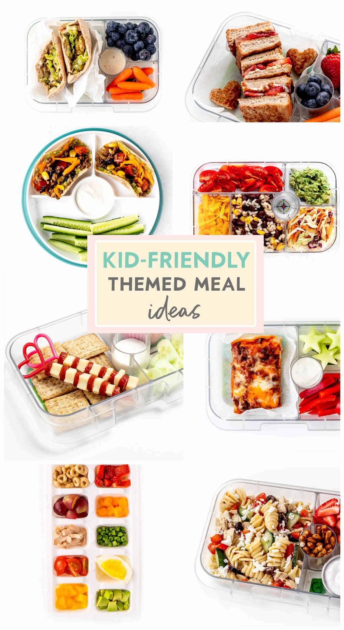 A collage of ideas for kid-friendly meal themes.