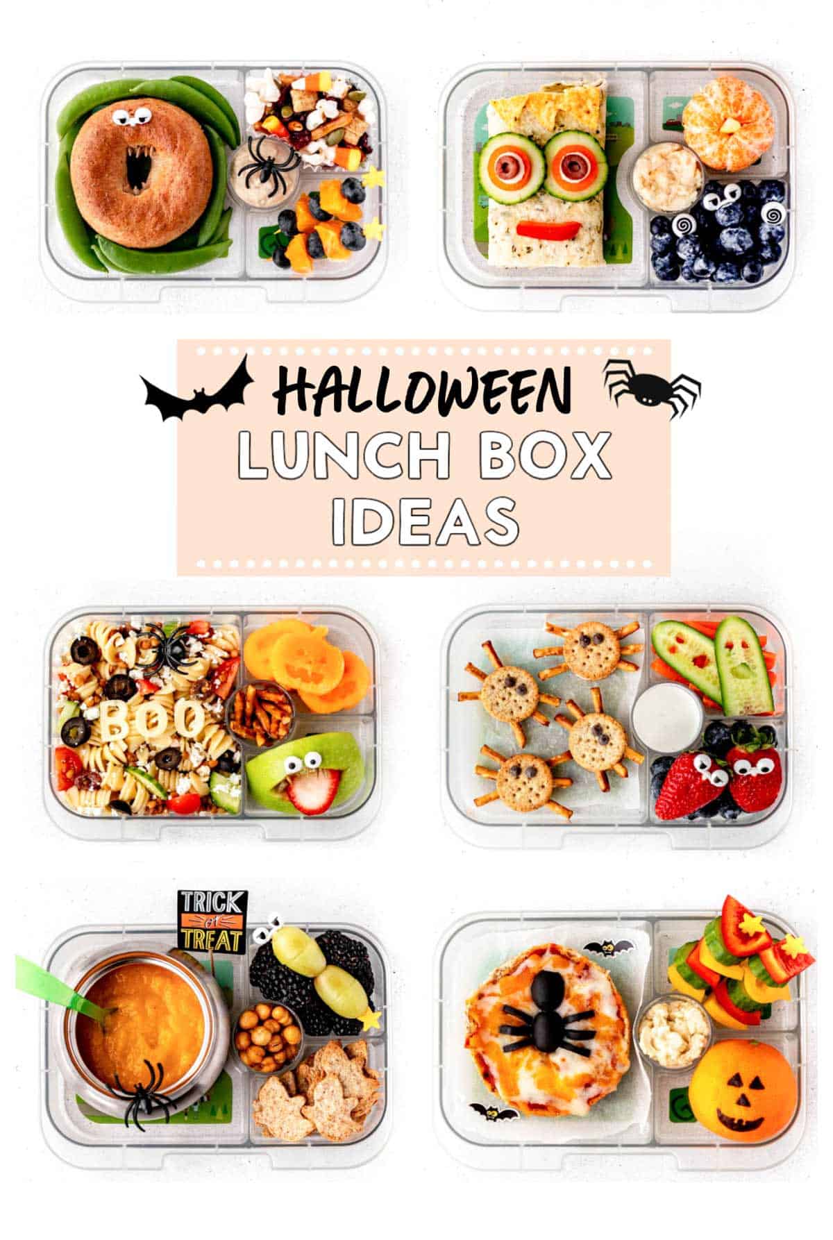 A collage of six healthy halloween lunch box ideas.