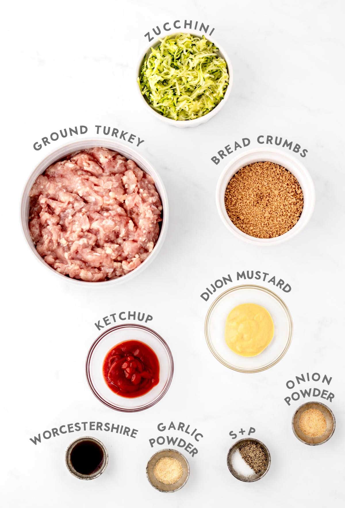 Ingredients with labels for turkey burgers sliders recipe.