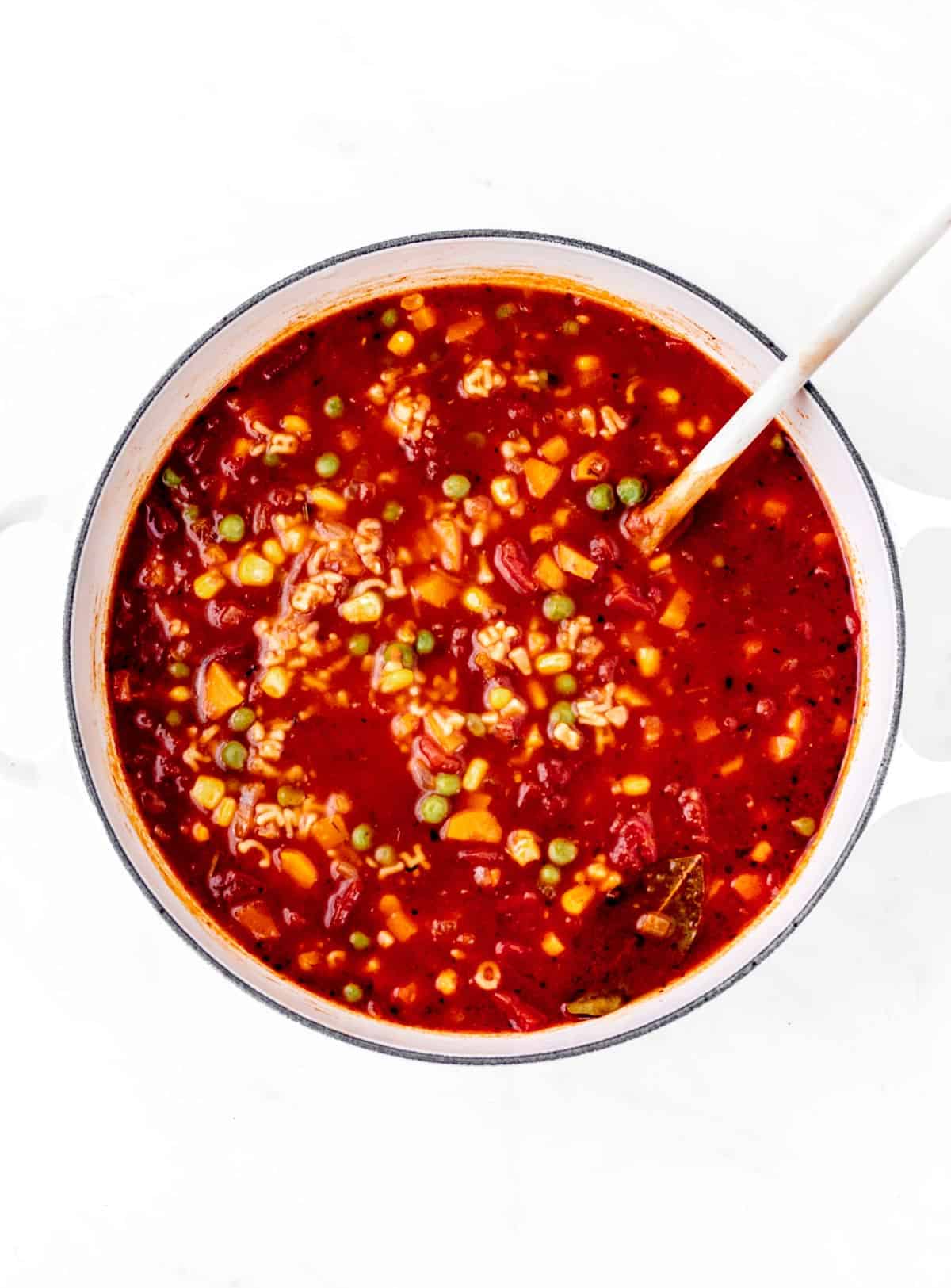 The finished pot of vegetable noodle soup.