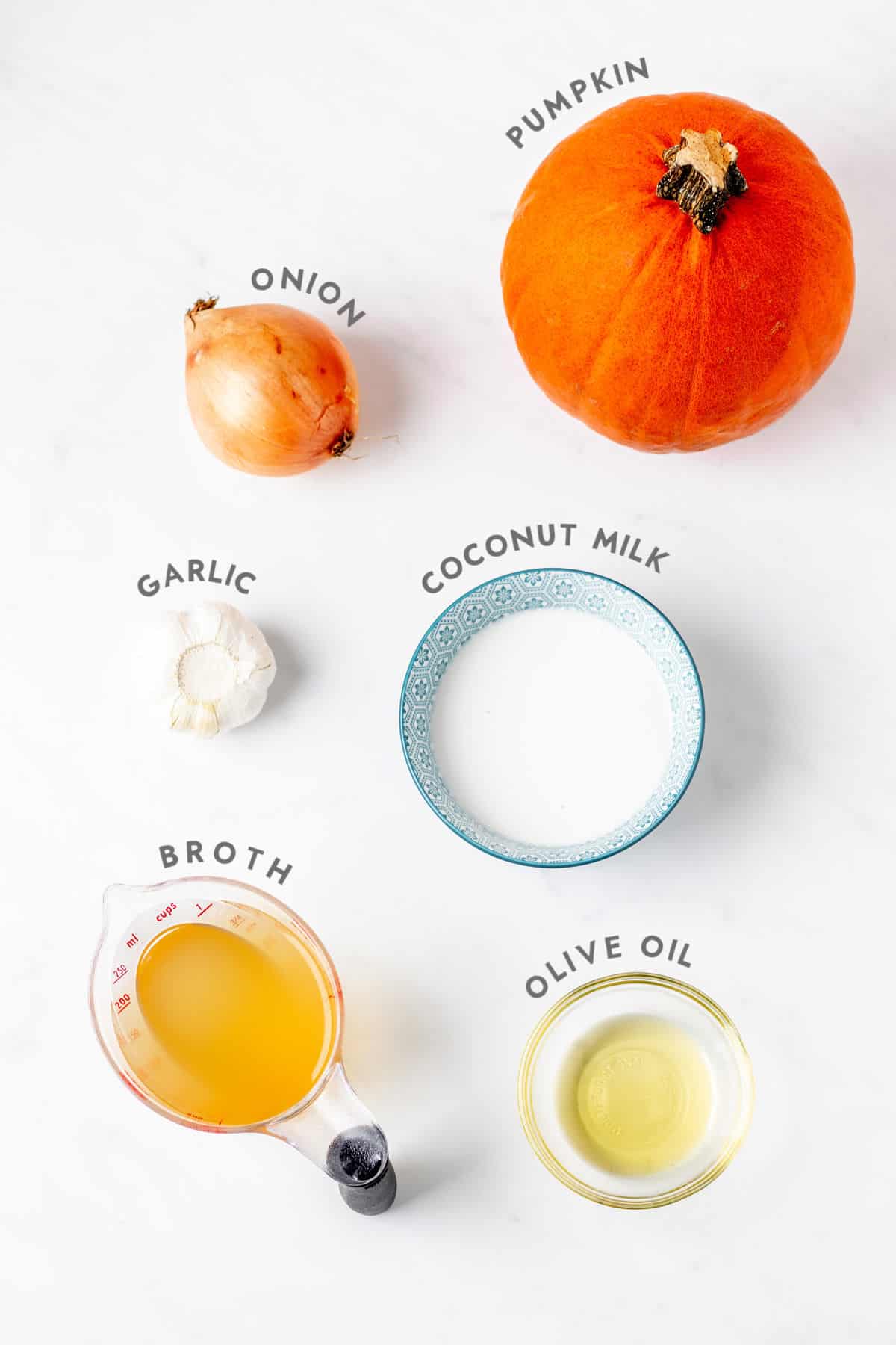 Labelled ingredients for pumpkin soup recipe.