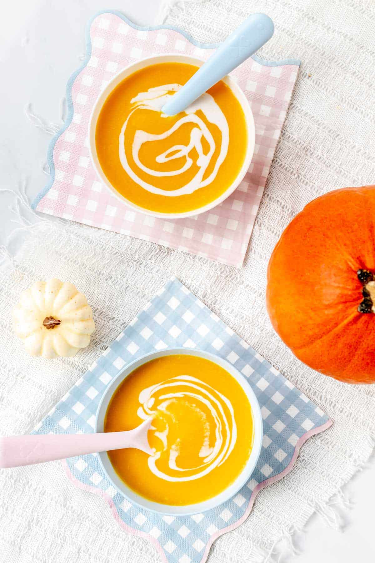 Overhead image of two bowls of pumpkin soup for babies.