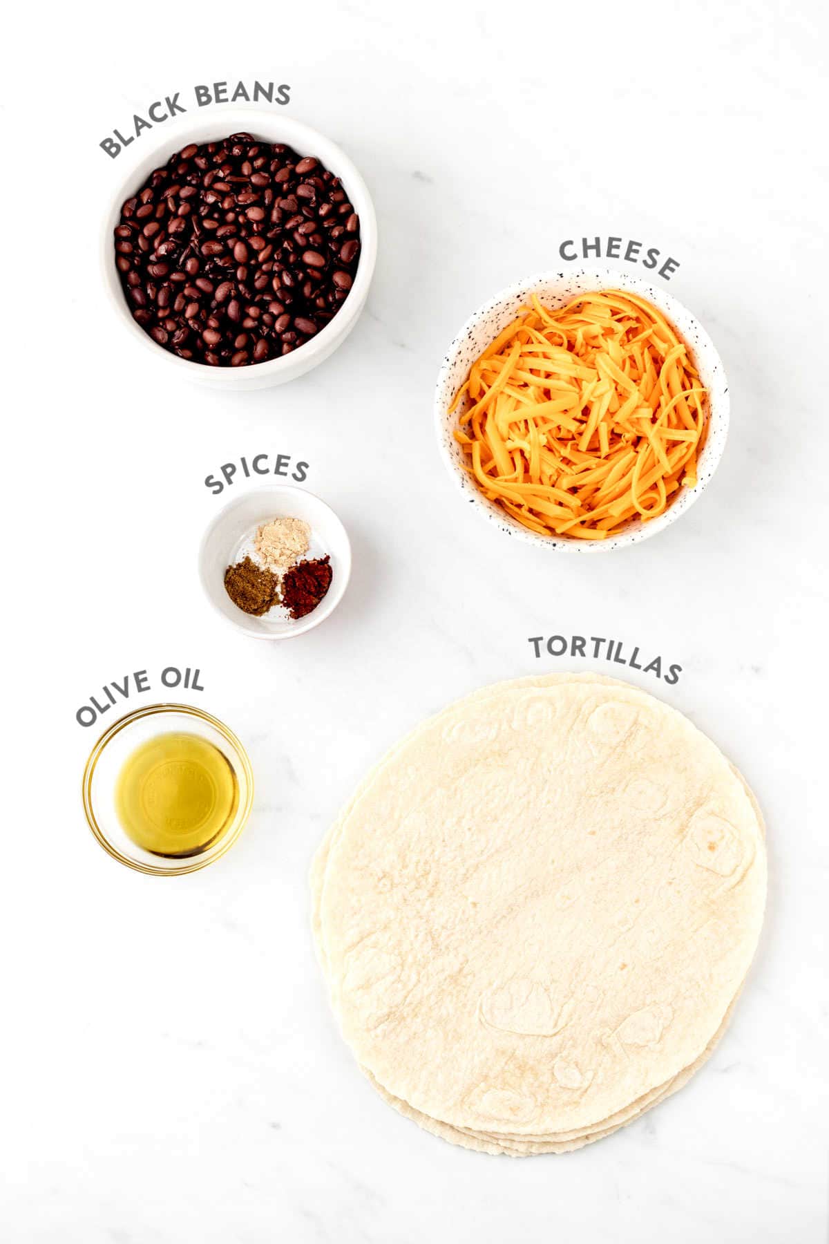 Labelled ingredients for baby led weaning quesadilla recipe.