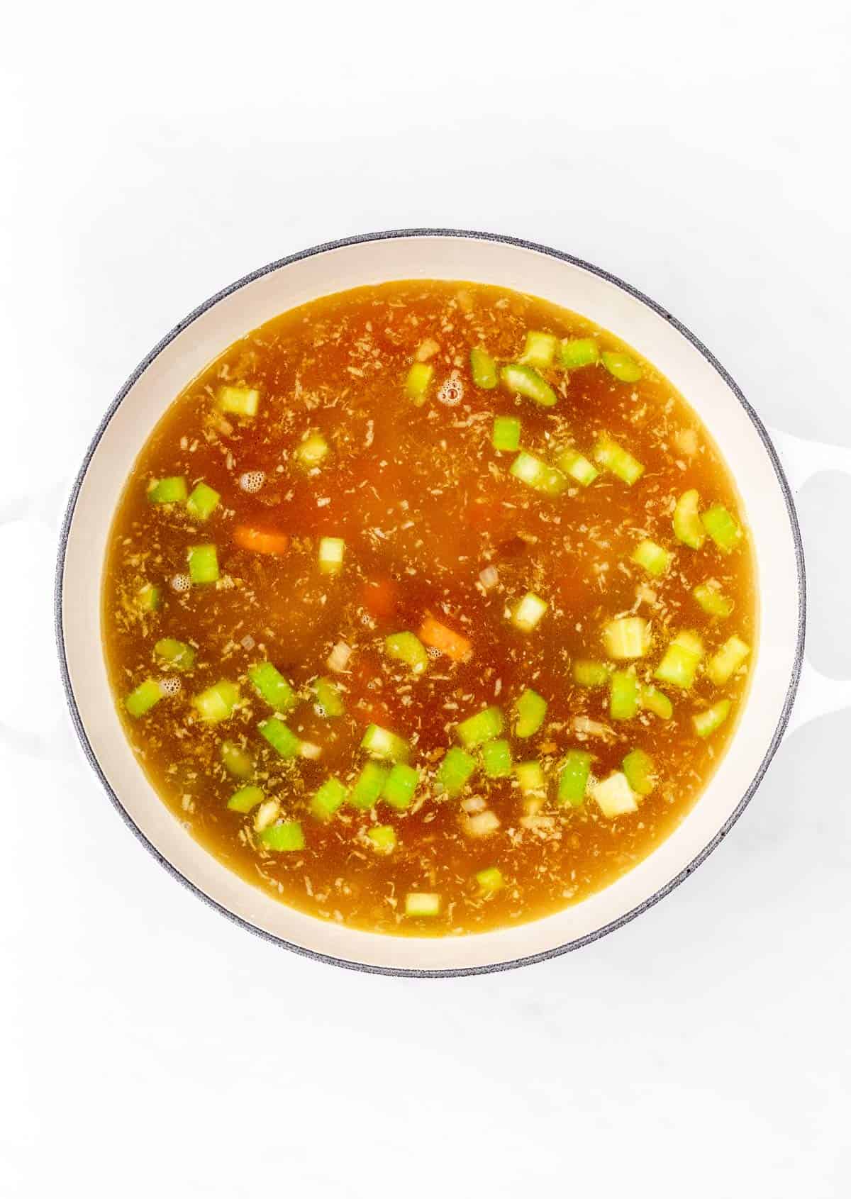 Chopped vegetables and broth in a white bowl.