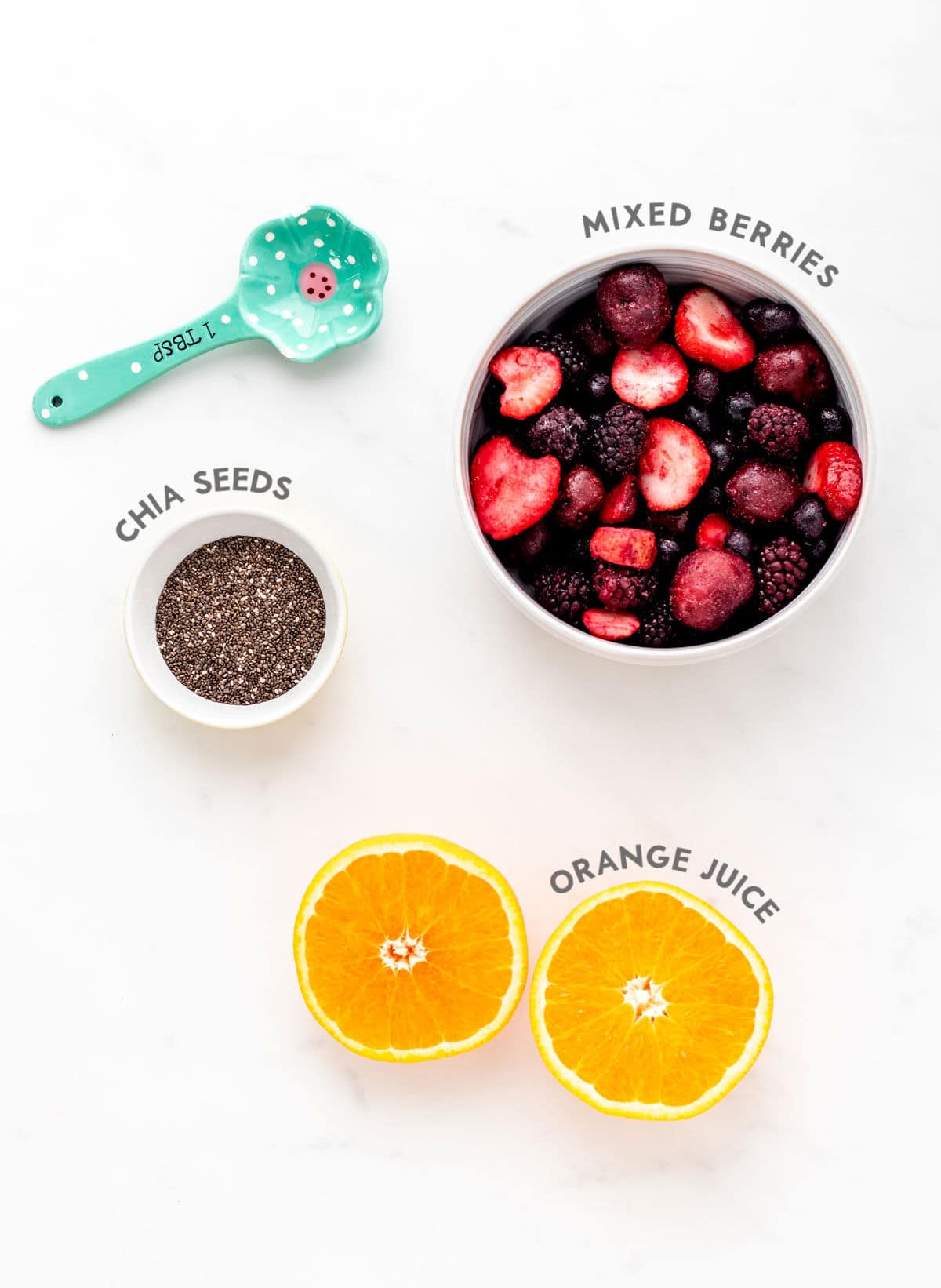 Ingredients to make chia seed baby jam with labels.