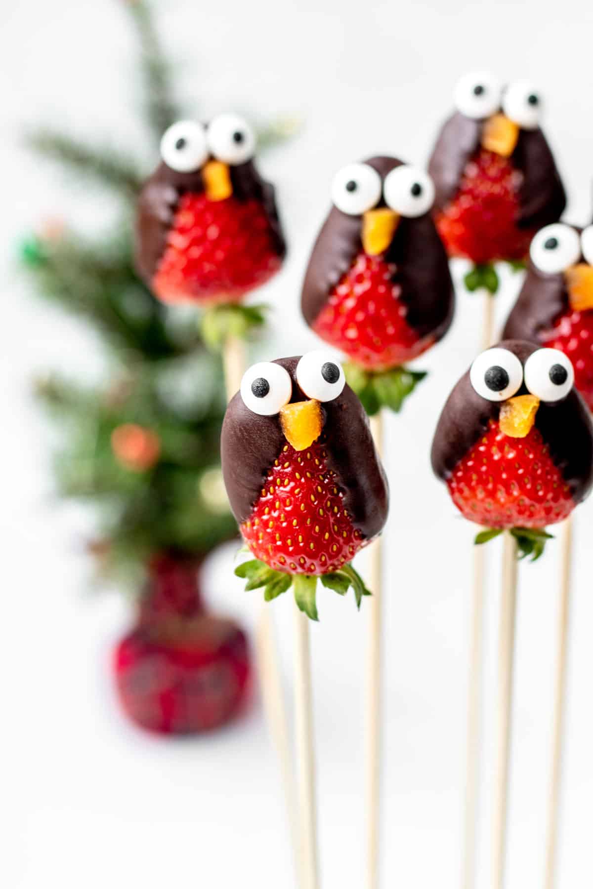 A close-up of multiple strawberry penguins, standing up on wooden skewers.