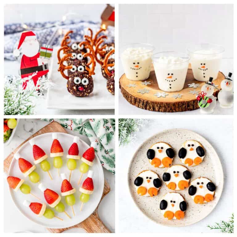 A collage of four edible Christmas food crafts for kids.