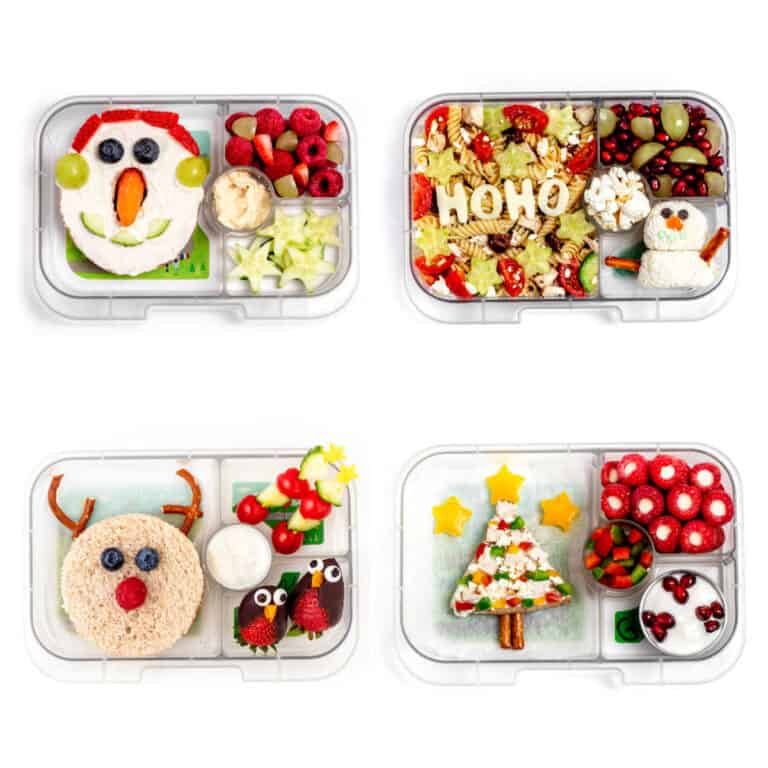 A collage of four Christmas lunch box ideas.