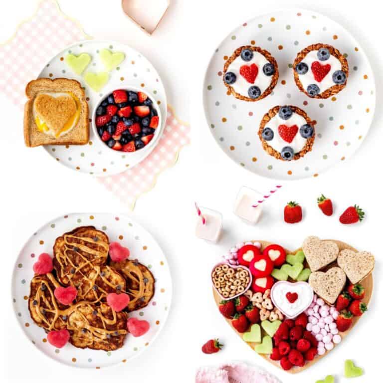 A collage of four healthy Valentine breakfast ideas for kids.