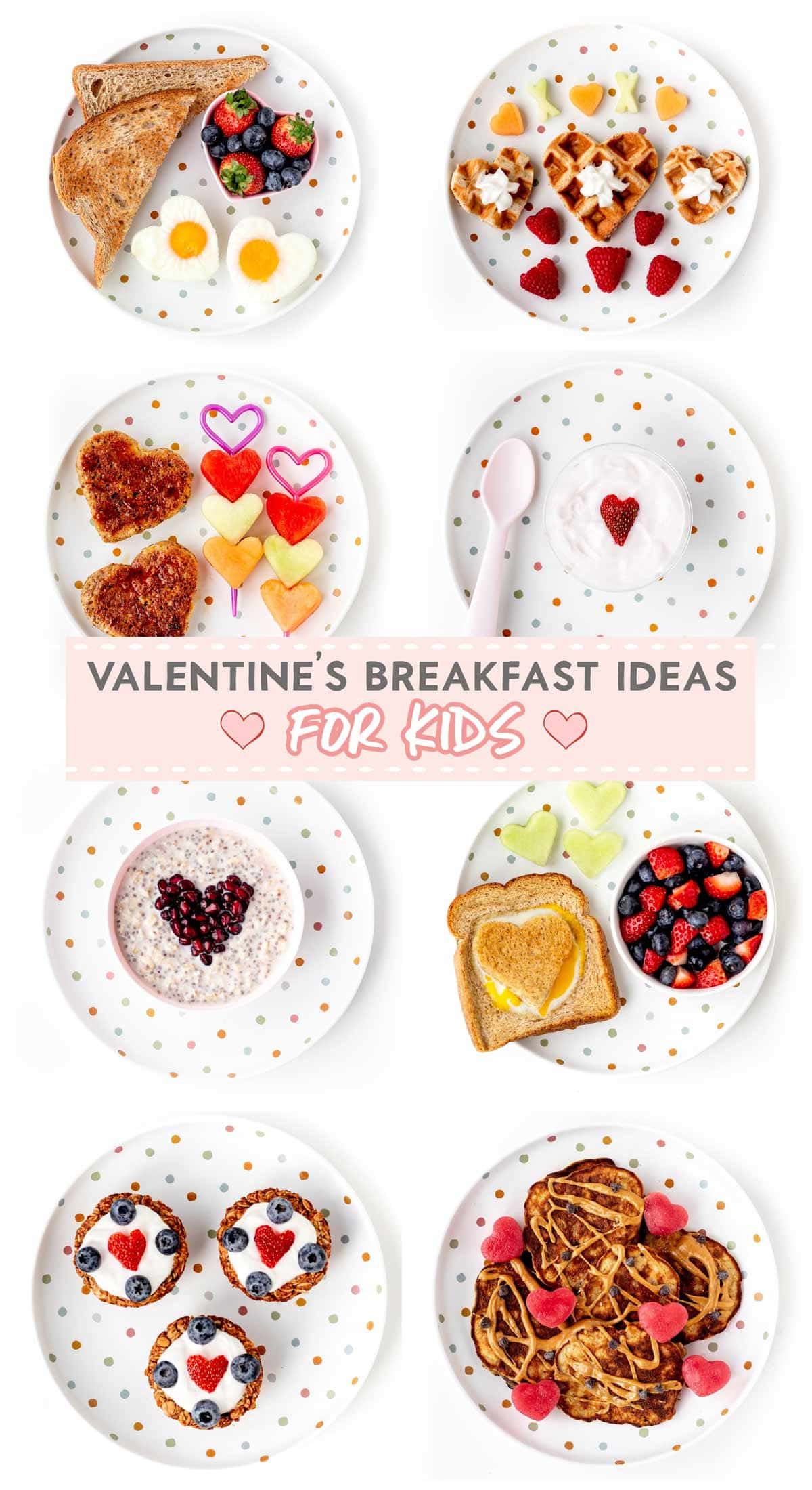 A collage of eight healthy valentine breakfast ideas for kids.