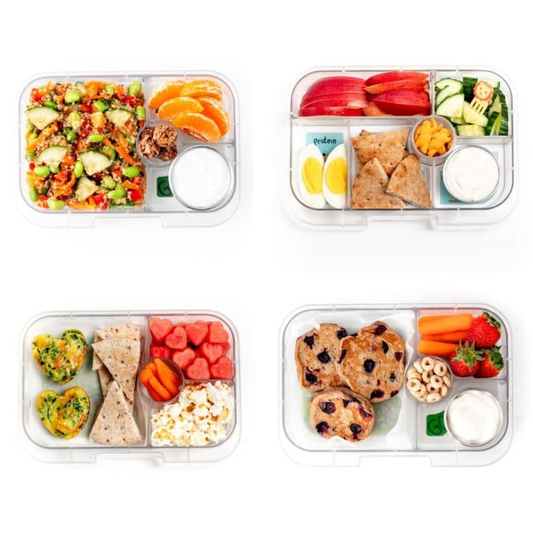 A collage of four vegetarian lunch box ideas for kids.