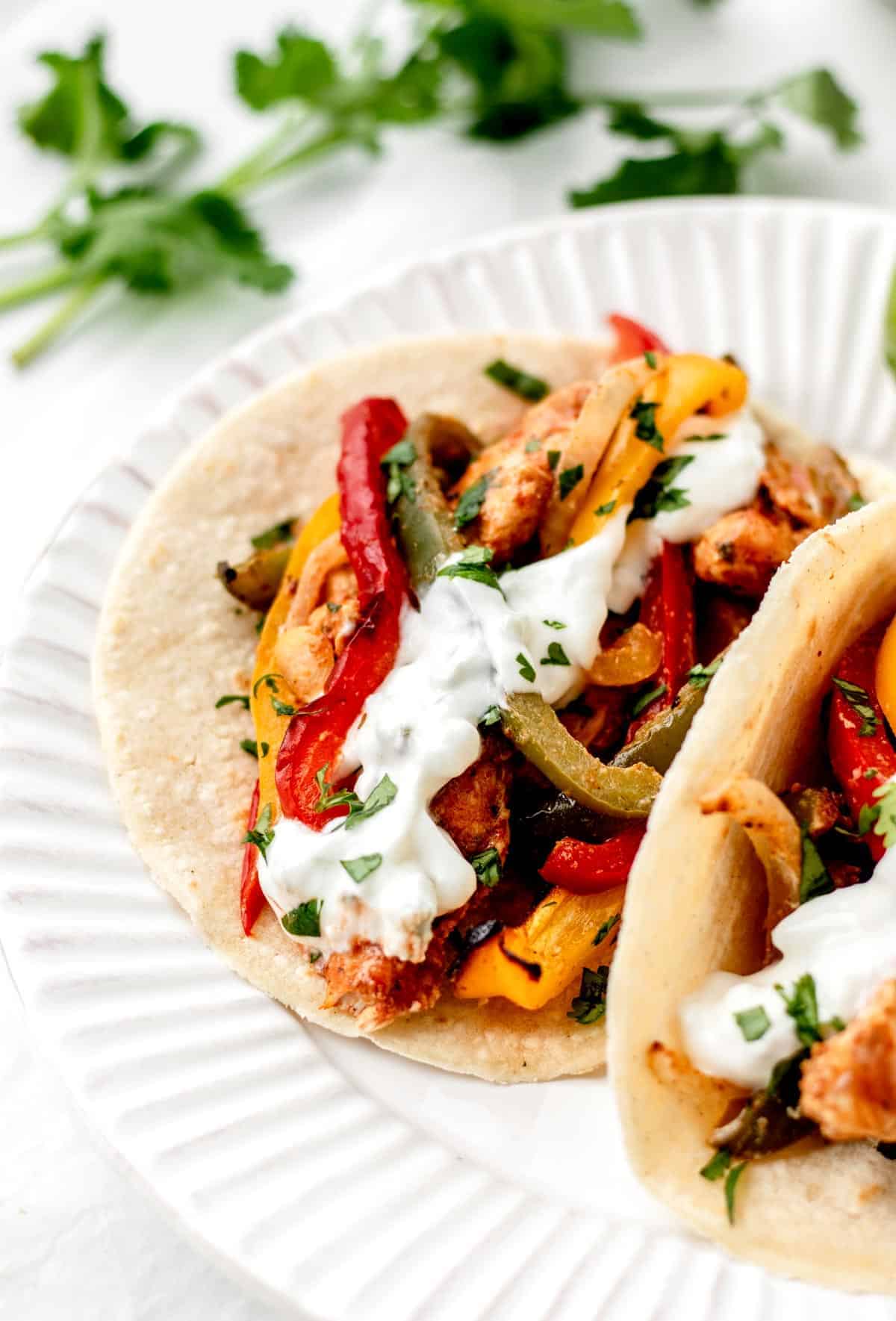 A close-up of a chicken fajita packed with chicken and bell peppers on a white plate.