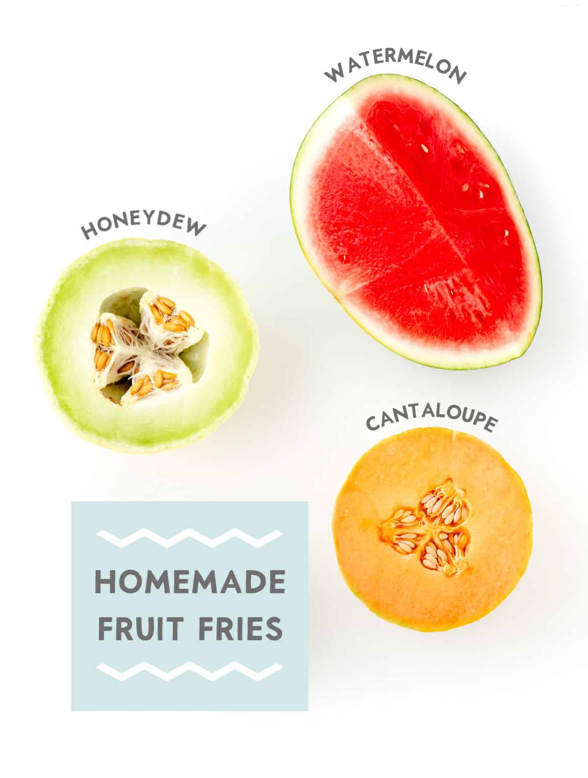 Ingredients for homemade fruit fries with labels.