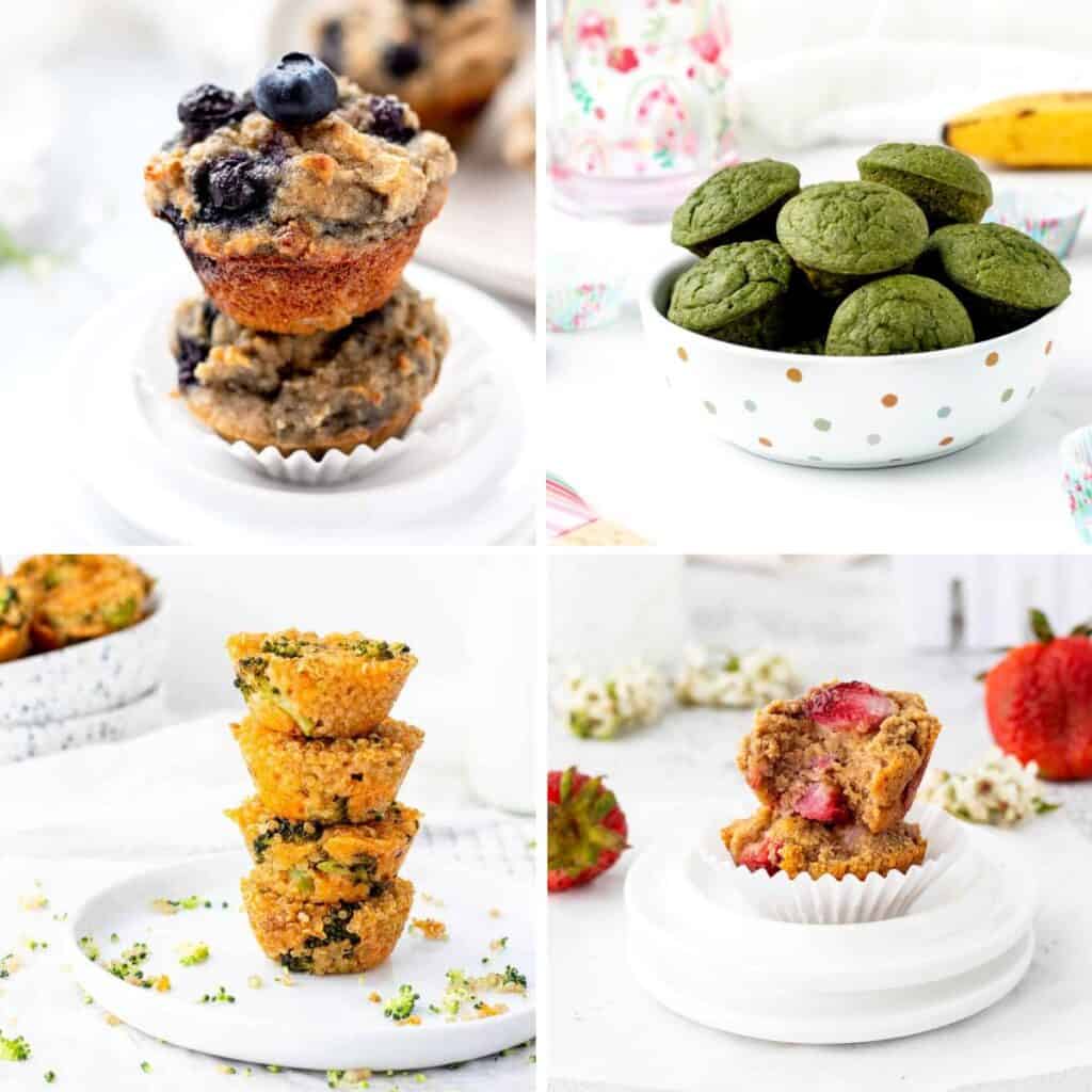 A collage of four healthy muffin recipes for kids.