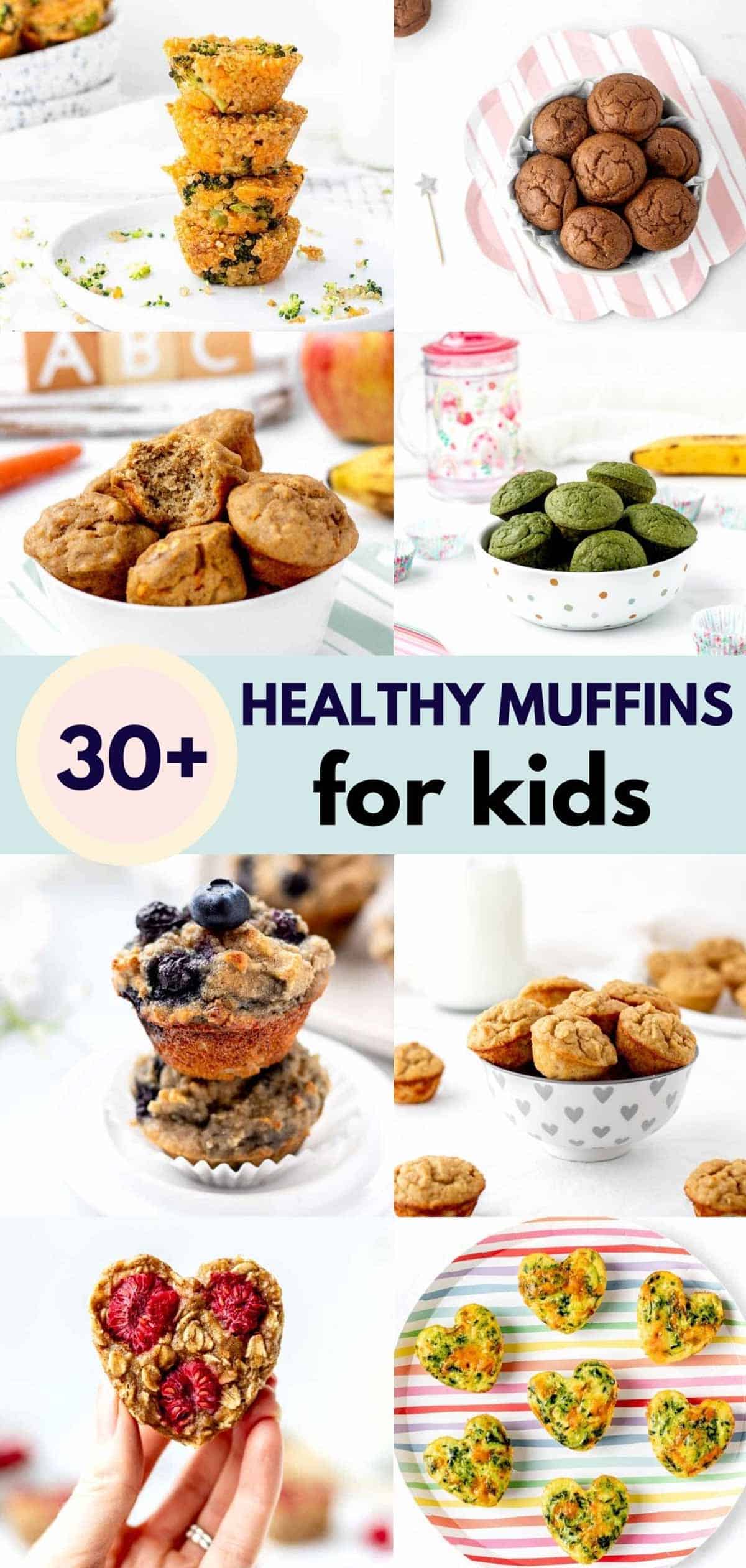 A collage of eight healthy muffins for kids.