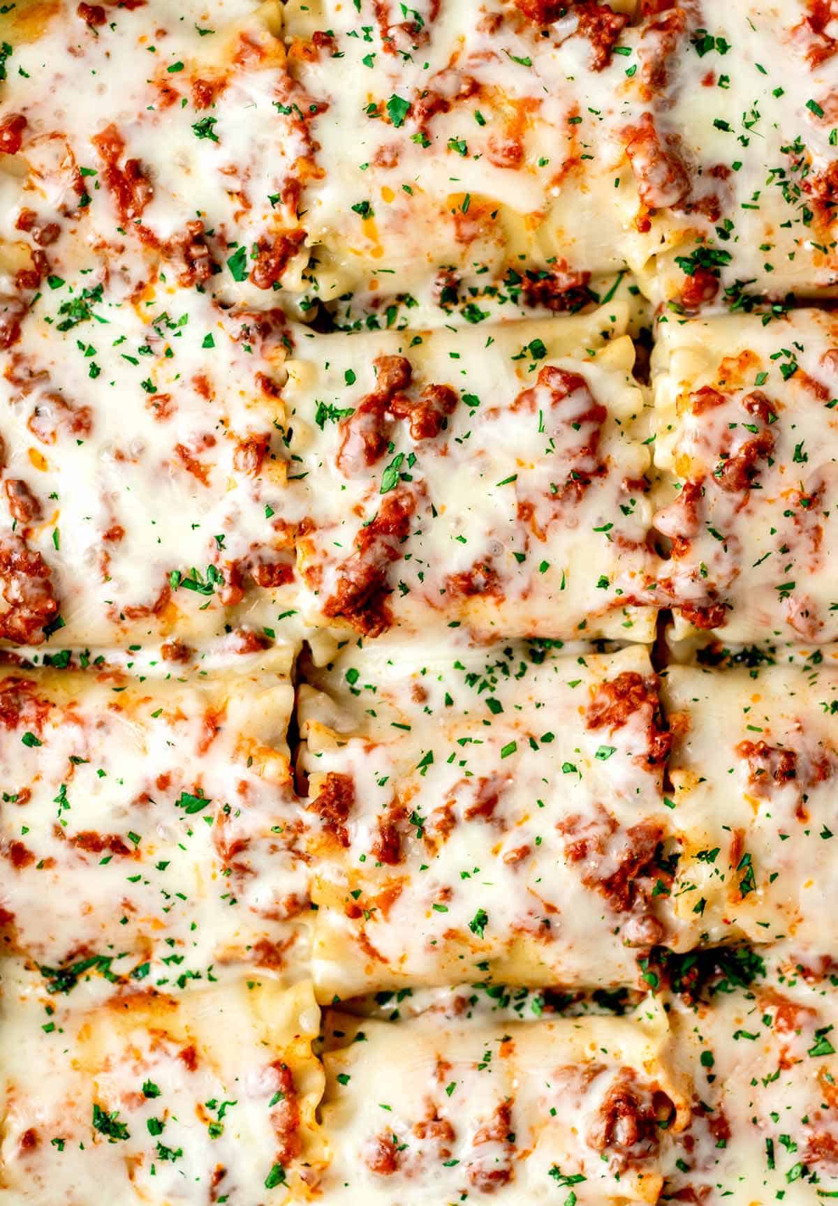 Hidden veggie lasagna roll ups after baking.
