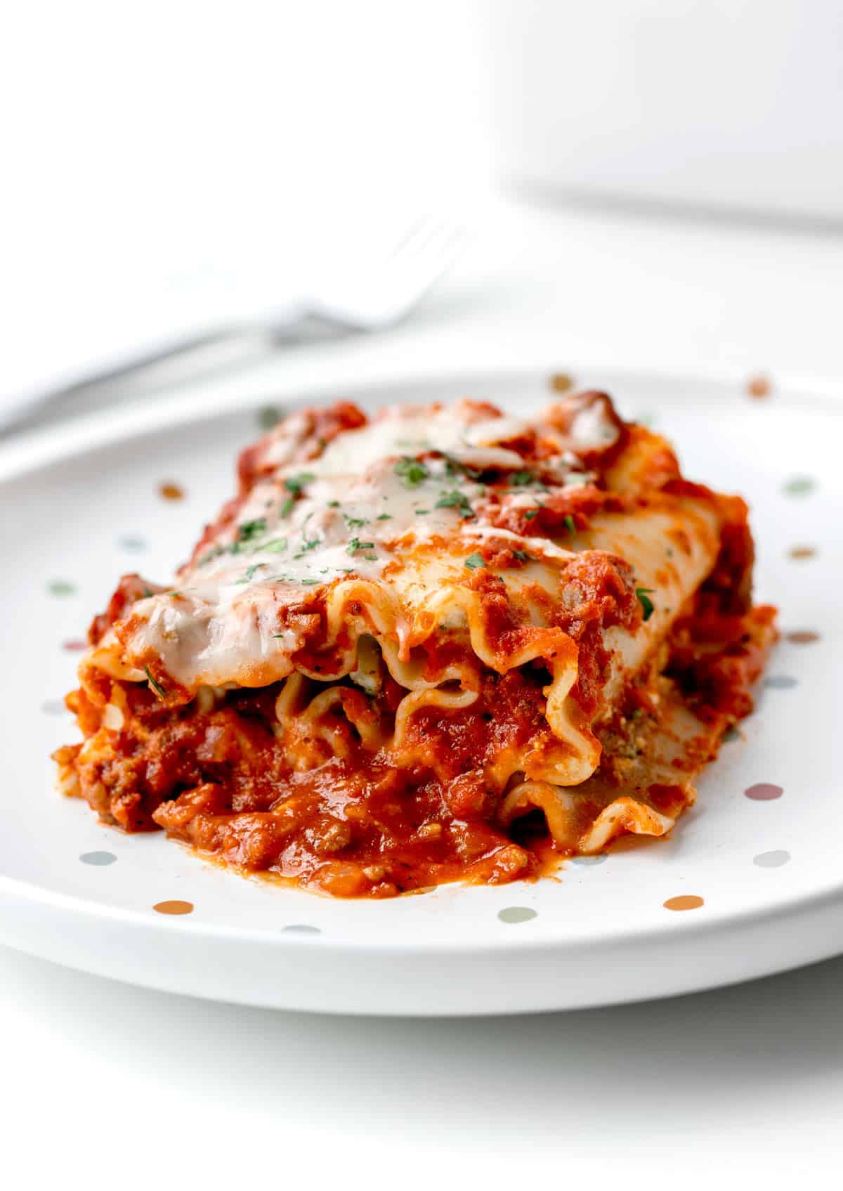 A kid-friendly lasagna roll up on a decorative plate.