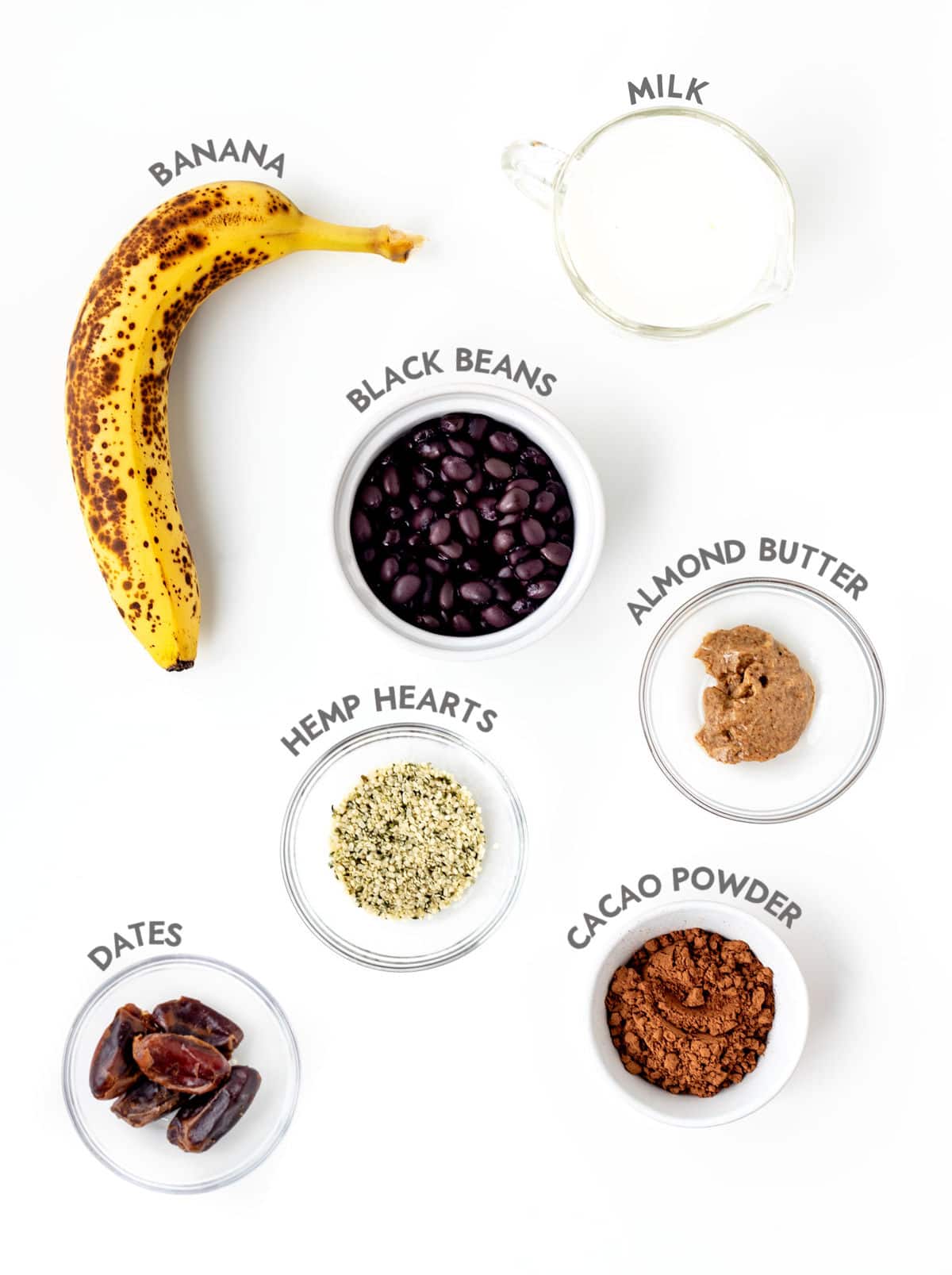 Individually portioned ingredients for the chocolate black bean smoothies.