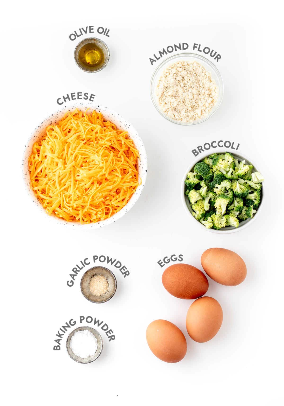 Individually portioned ingredients for broccoli cheese waffles.