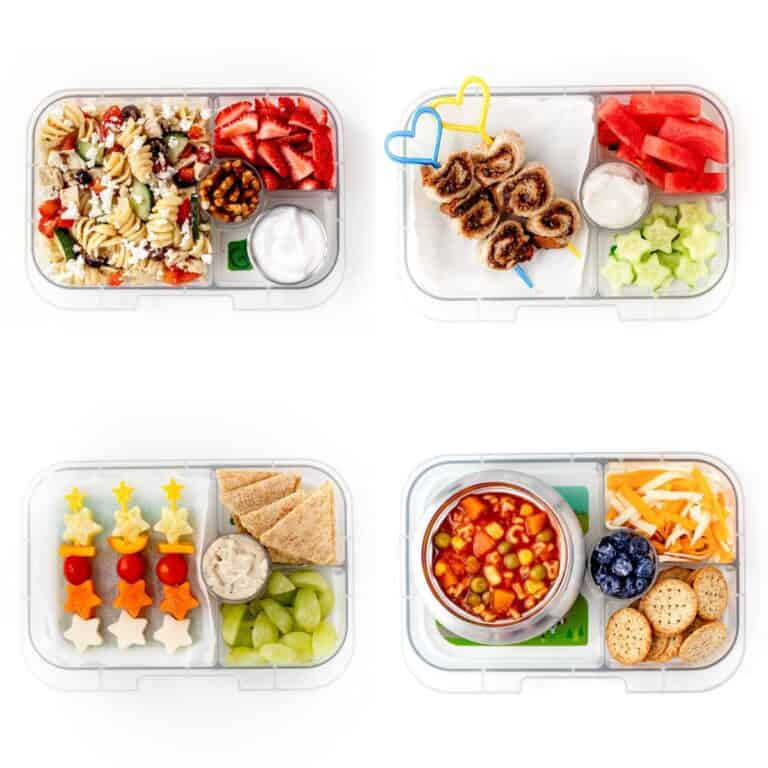 A collage of four lunch box veggie ideas for kids.