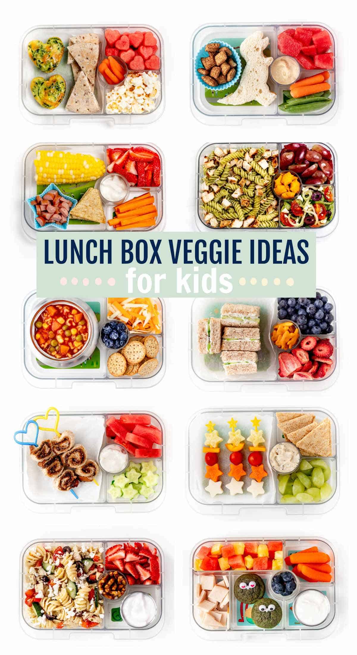 A collage of ten lunch box veggie ideas for kids.