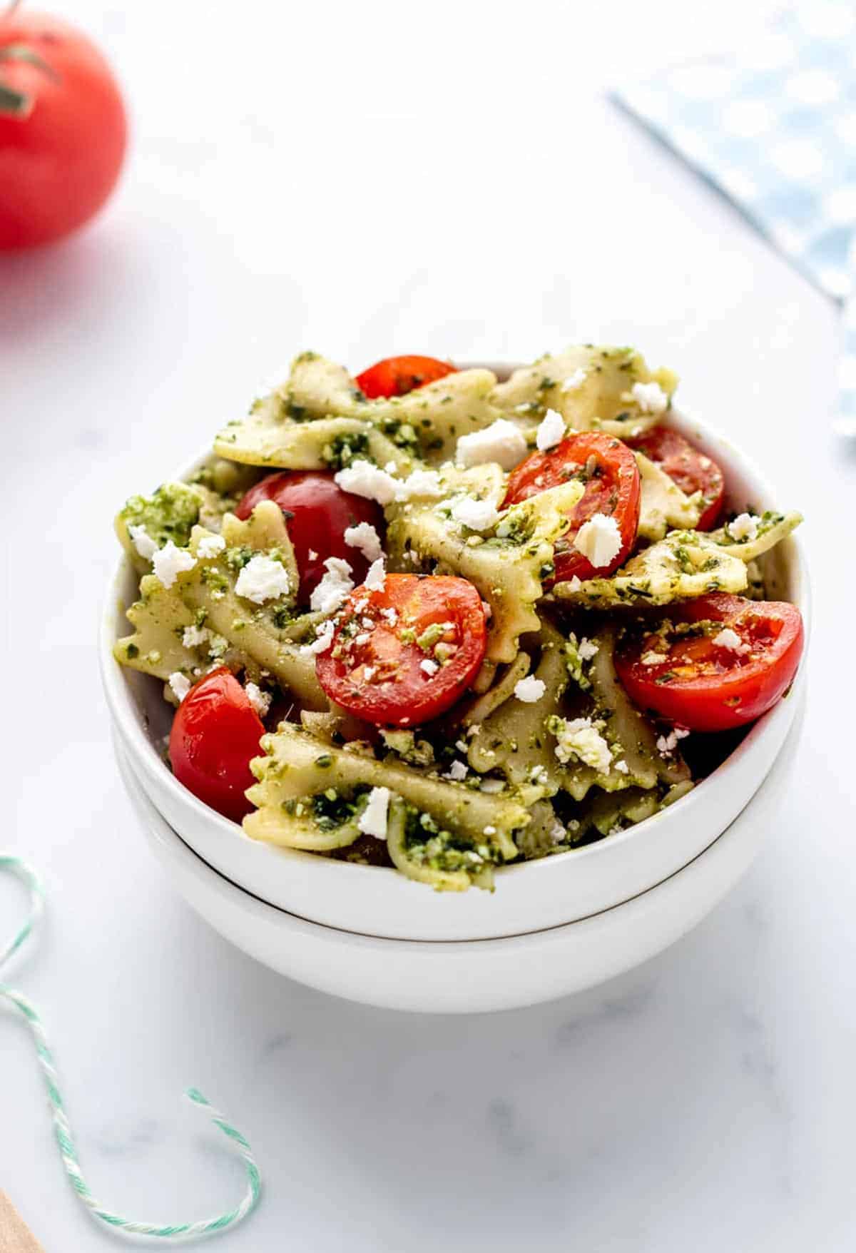 4-ingredient pasta salad in a small bowl.