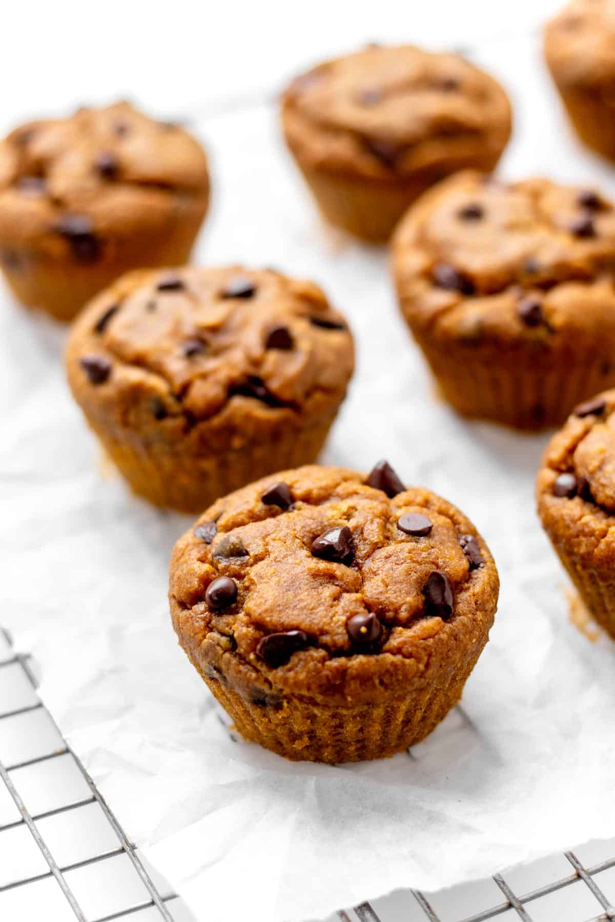 Pumpkin peanut butter muffins cooling on a rack lined with parchment paper.