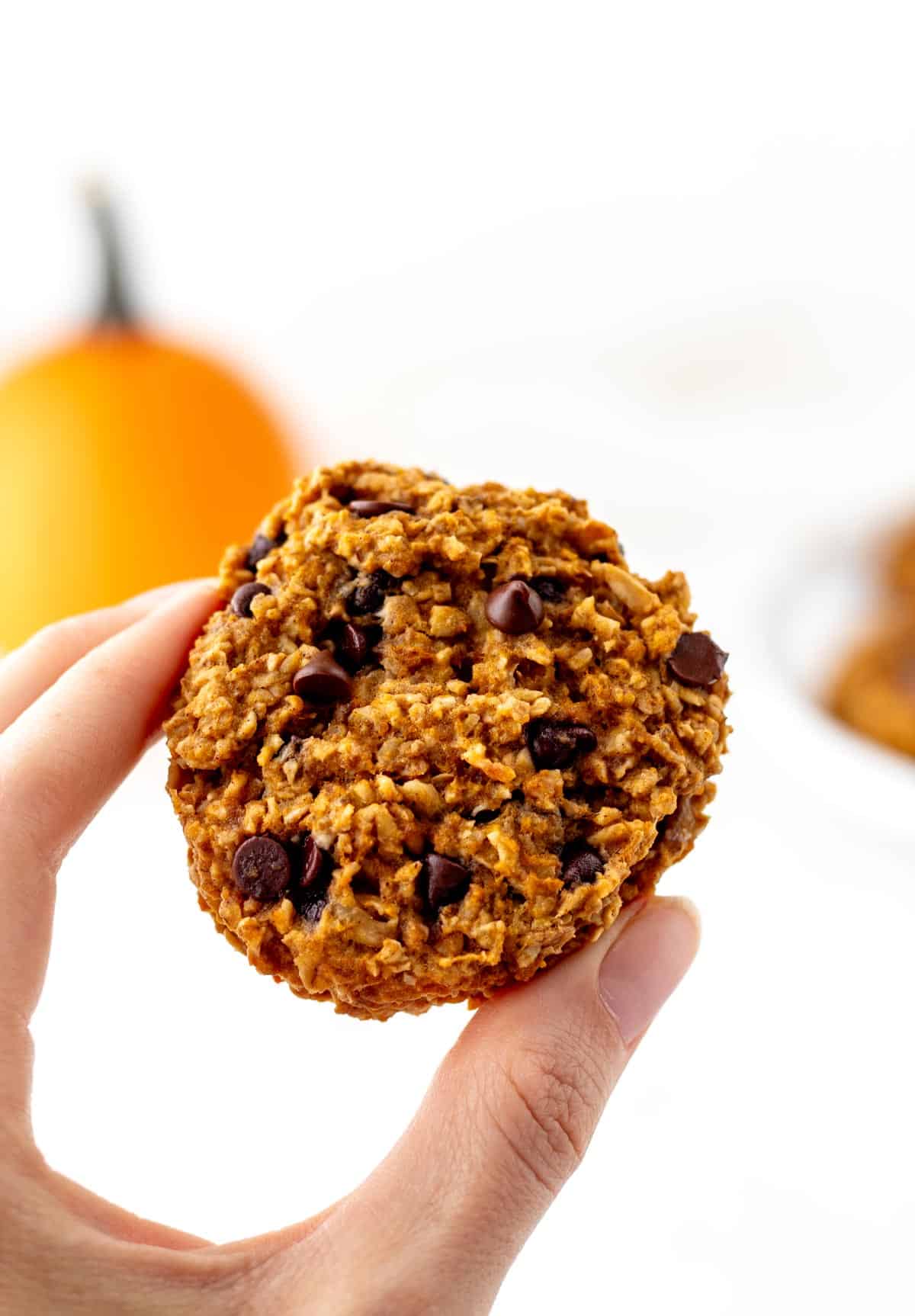 Someone up holding a banana pumpkin cookie in between their fingers.