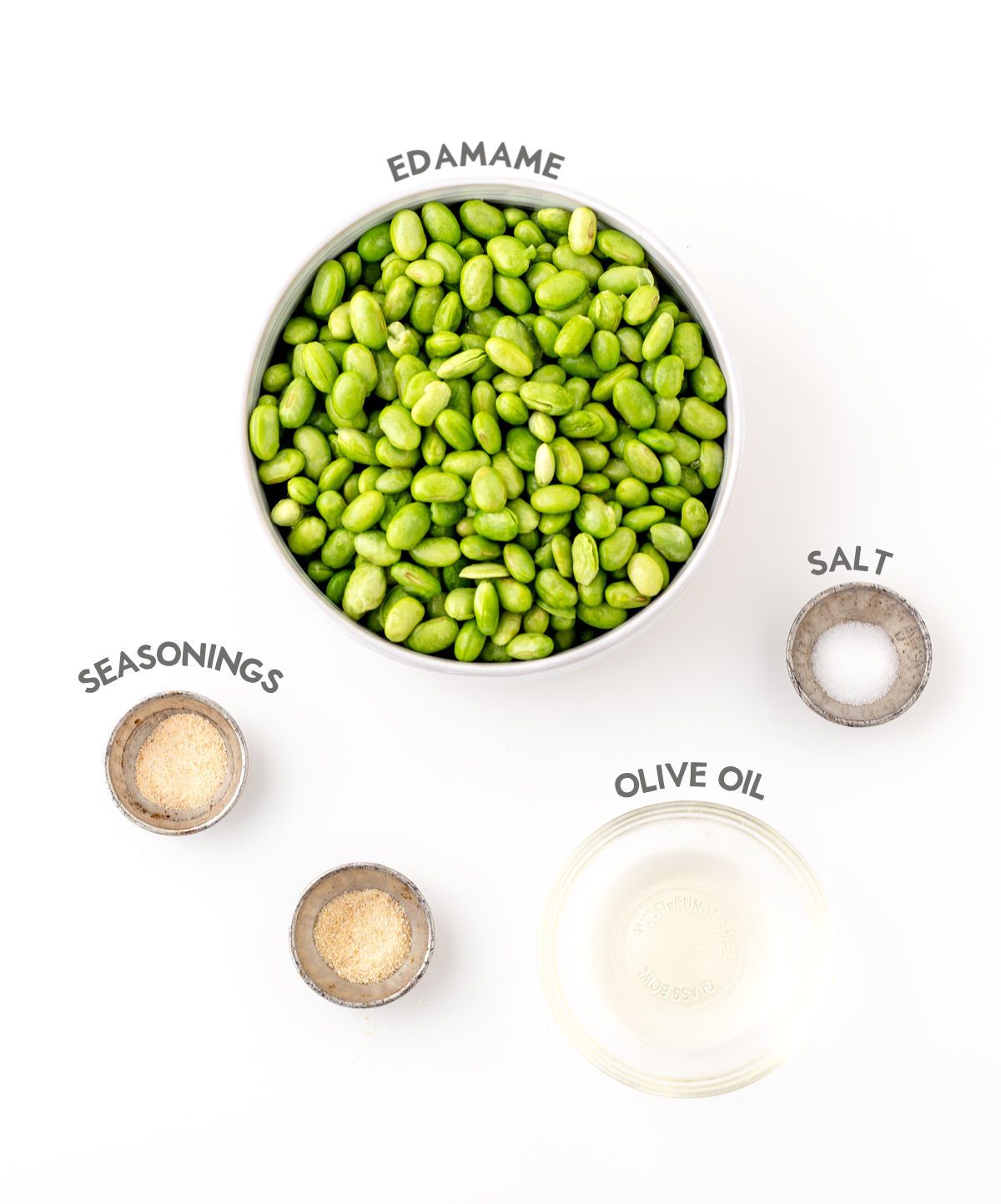 Ingredients required for air fryer edamame with labels.